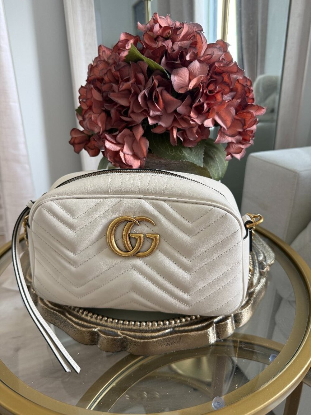 Authentic GUCCI Ivory Leather GG Marmont Small Camera Bag